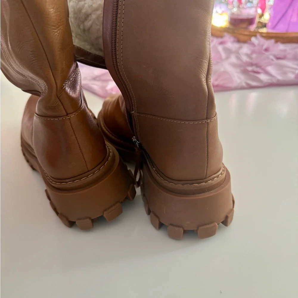 SCHUTZ Cognac Leather Mid-Calf Lug Sole Boots - Picture 8 of 10